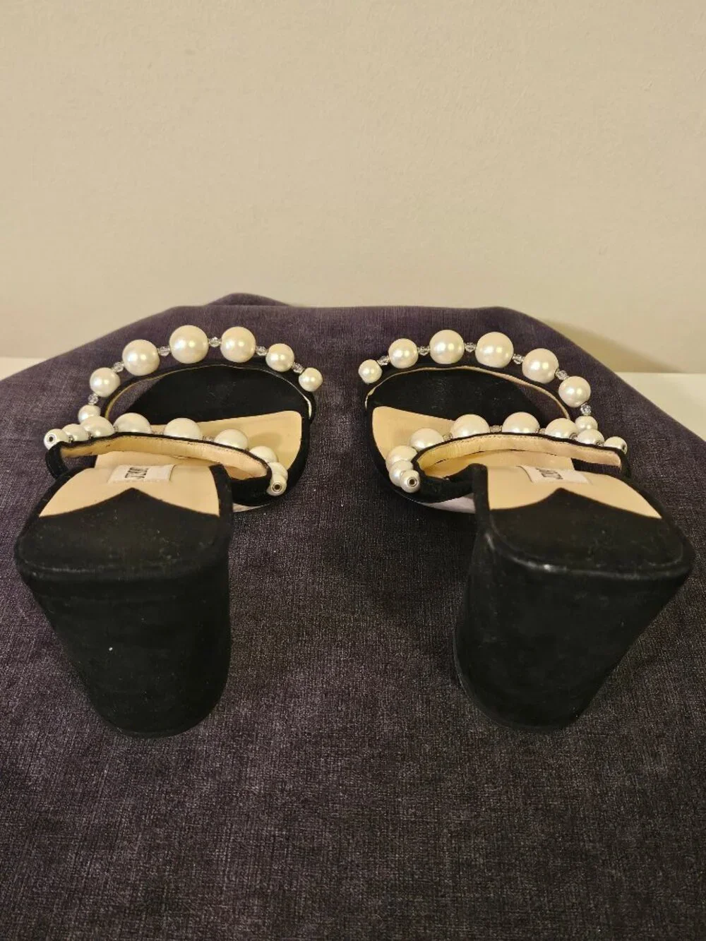 Jimmy Choo Amara 85mm Pearl Straps Suede Block Heels Mules EUC  EU 38.5 US 8-8.5 - Picture 5 of 9